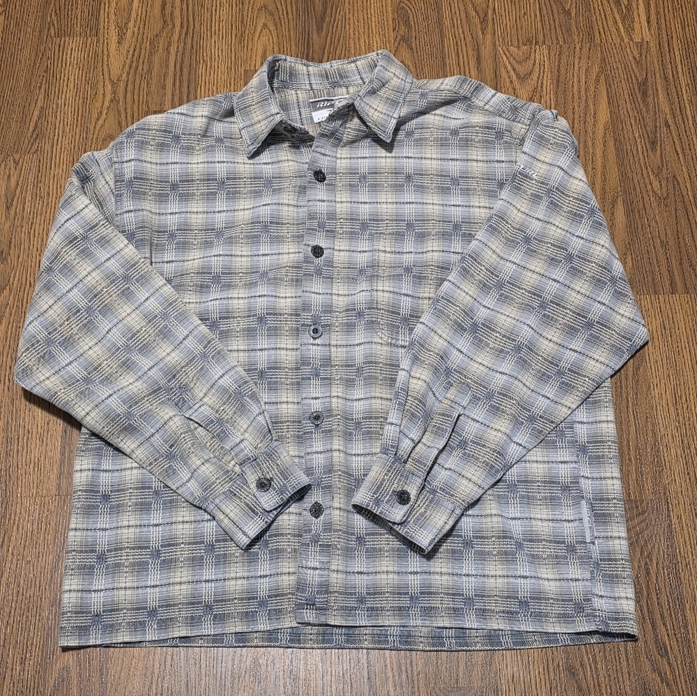 Rip Curl Mens Large Plaid Flannel Button Down Shirt Grey Cream Textured Check E7